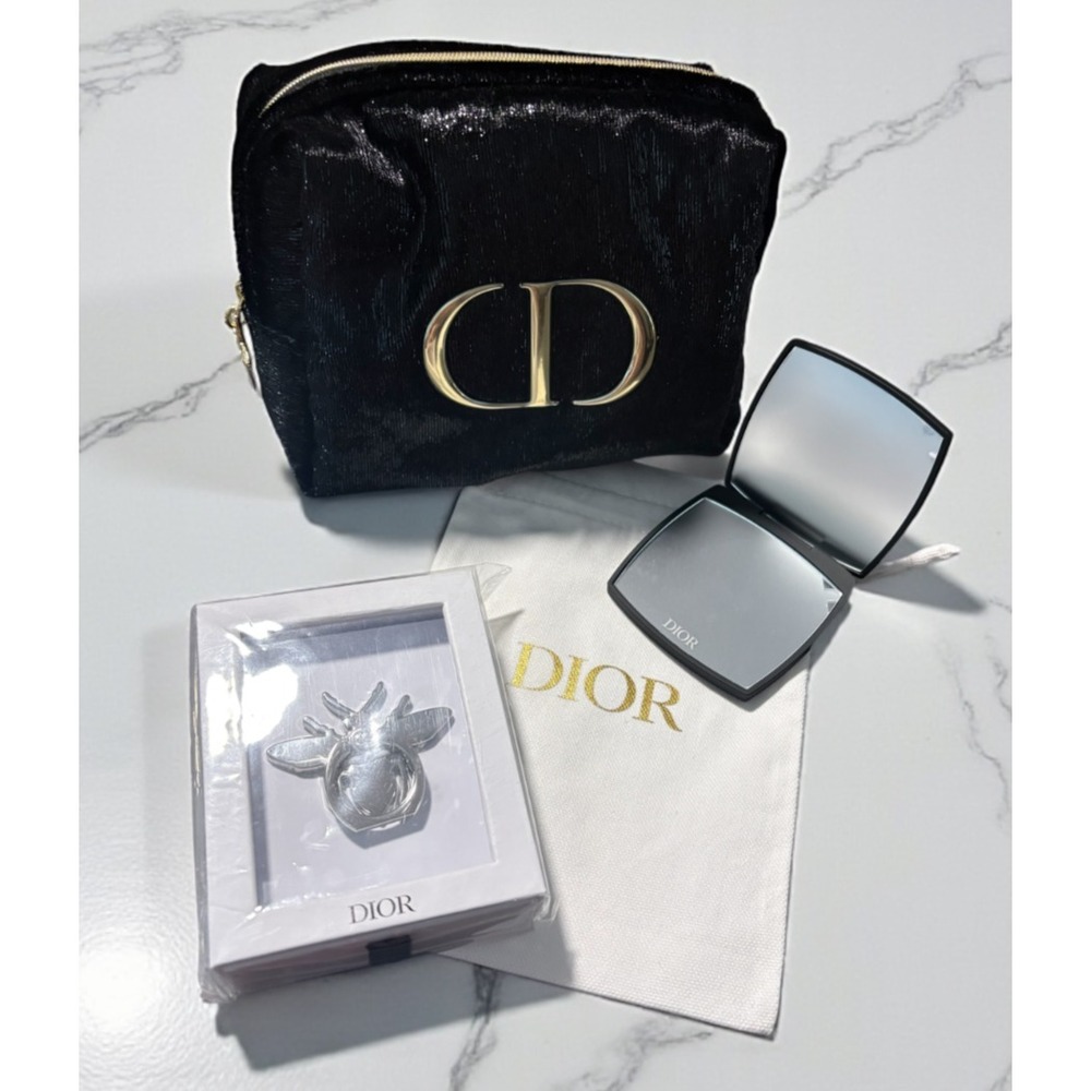 Christian Dior Bee Cell Smart Phone Ring + Black Make Up Pouch + Mirror GWP Lot